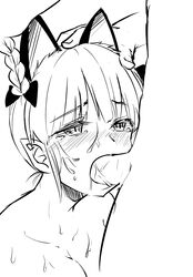 1boy animal_ears bangs blush bow braid breasts cat_ears cleavage extra_ears eyebrows_visible_through_hair female greyscale hairbow hand_on_another's_head highres irrumatio medium_breasts miyo_(ranthath) monochrome nose_blush nude open_mouth oral penis pointy_ears rin_kaenbyou simple_background straight tears touhou white_background