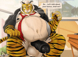 asyr balls belly big_(disambiguation) bonus boss cigar clothing drooling feline grin huge_cock male male_only mammal manly metalfoxt navel necktie nipples office old overweight pecs penis precum saliva smile smoking suit text tiger toothy