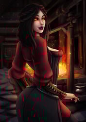 1girls 2018 background bethesda_softworks black_hair blush breasts cleavage dress eyes fangs female female_only glowing_eyes hair lips lipstick long_hair looking_at_viewer luminyu makeup medium_breasts open_mouth orange_eyes patreon pinup purple_lipstick serana skyrim smile solo solo_focus tagme tavern the_elder_scrolls tongue vampire yellow_eyes