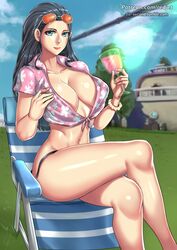 beach_chair big_breasts bikini cleavage commission eyewear_on_head female female_only glasses nico_robin one_piece one_piece_film_gold pinup redjet smile wine ziz_second