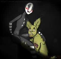 ambiguous_gender animatronic anthro blush duo five_nights_at_freddy's five_nights_at_freddy's_2 five_nights_at_freddy's_3 humanoid interracial lagomorph looking_at_viewer machine mammal marionette_(fnaf) puppet_(fnaf) rabbit riley_morningstar robot springtrap springtrap_(fnaf) video_games wolf_love