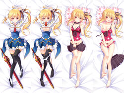 4:3 asymmetrical_hair black_legwear black_thighhighs blonde_hair blush breasts cameltoe choker clavicle cleavage clothing dakimakura female high_resolution kanatalove kotetu_han large_breasts lisesharte_atismata long_hair looking_at_viewer lying mouth_hold nipples no_bra nopan on_back open_clothes open_mouth panties pantsu pillow pleated_skirt ponytail red_eyes saijaku_muhai_no_bahamut school_uniform side_ponytail skirt smile solo strap_slip sword tattoo thighhighs tied_hair torn_thighhighs uncensored underwear vagina weapon white_panties white_underwear