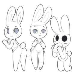 2016 animal_crossing anthro ass blush bottomless carmen_(animal_crossing) clothed clothing coco_(animal_crossing) disembodied_penis fellatio female hi_res itsunknownanon kneeling lagomorph looking_at_viewer male mammal nintendo oral penis presenting pussy rabbit ruby_(animal_crossing) sex simple_background straight upskirt video_games