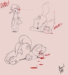 2016 amazin-arts anus ass balls blood closed_eyes corpse cutie_mark death earth_pony equine gasp gunshot hi_res hooves horse horseshoe male mammal my_little_pony pony presenting presenting_hindquarters raised_tail simple_background sketch solo