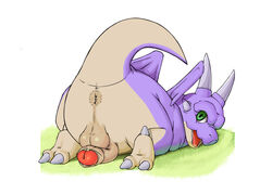 anus ass balls barefoot claws cute dragon dragon_ball dragon_ball_z feral green_eyes hi_res horn humanoid_penis icarus_(dragon_ball) looking_at_viewer looking_back lying male male_only nude on_front on_ground open_mouth penis presenting presenting_anus presenting_hindquarters scalie seyrmo sharp_claws solo toe_claws tongue