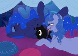 2018 alicorn anatomically_correct anatomically_correct_pussy animal_genitalia animal_pussy anus areola ass bed blue_eyes blue_feathers blue_hair blush canopy_bed clitoral_winking clitoris closed_eyes cosmic_hair crotchboobs cunnilingus curtains cutie_mark dock duo earth_pony equine equine_pussy evomanaphy eyebrows eyelashes eyeshadow fan_character feathered_wings feathers female feral feral_on_feral friendship_is_magic fur hair hi_res hooves horn horse inner_ear_fluff inside legs_up licking long_hair looking_pleasured lying makeup mammal my_little_pony nipples nude on_back on_bed on_front open_mouth open_smile oral pillow pony princess_luna_(mlp) puffy_anus pussy sex shadow_blue_(cloppermania) smile teeth tongue tongue_out underhoof vaginal_penetration wings yuri