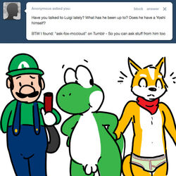 anthro ascot briefs bulge clothed clothing english_text fox_mccloud fully_clothed group human luigi male male_only mammal mario_(series) nintendo nishi nude penis star_fox text topless underwear video_games yoshi