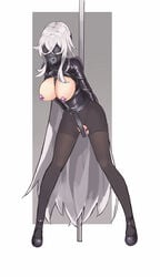 amiba_(amiba00638239) arms_behind_back azur_lane bangs big_breasts black_footwear black_legwear blindfold bondage breasts breasts_out cloth_gag dildo egg_vibrator female full_body gag gagged graf_zeppelin_(azur_lane) highres improvised_gag large_breasts legs_apart long_hair object_insertion over_the_nose_gag pantyhose pole pussy shiny shiny_clothes shiny_hair shoes silver_hair simple_background solo standing straitjacket torn_clothes torn_legwear torn_pantyhose two-tone_background uncensored vaginal_object_insertion vaginal_penetration very_long_hair vibrator vibrator_on_nipple white_background