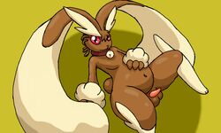 1boy 2018 animal_genitalia animal_penis anthro ass belly big_ass big_ears big_testicles brown_fur chubby collar compression_artifacts feet fur furry green_background hi_res lagomorph lopearedquentin lopunny male male_lopunny male_only male_pokemon mammal mega_stone navel nintendo no_nipples nude original_character paws penis pokémon_(species) pokemon pokemon_(species) pokemon_dppt red_eyes shadow simple_background small_penis smile solo tapering_penis testicles thick_thighs video_games wide_hips yellow_background