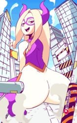 1girls animated ass ass_shake assquake blonde_hair dat_ass diives earthquake fake_horns female female_only giantess horns huge_ass human long_hair looking_at_viewer looking_back mount_lady my_hero_academia naughty_face patreon purple_mask red_eyes shounen_jump skin_tight smile solo town twerking wariza yuu_takeyama