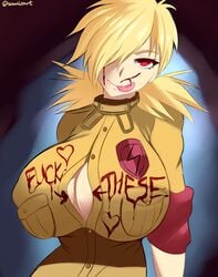 big_breasts blonde_hair blood breasts cleavage female female_only grin hair_over_one_eye hellsing huge_breasts looking_at_viewer naughty_face seras_victoria solo sowilo