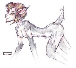 2002 all_fours anthro breasts brown_hair canine female hair hazard mammal nipples nude short_hair simple_background solo tail transformation what white_background wolf