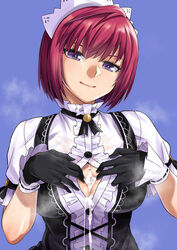 1girls after_paizuri akawiro bangs black_gloves black_ribbon blue_background breasts cleavage closed_eyes clothed clothing cum cum_on_body cum_on_breasts cum_on_clothes cum_on_upper_body cumdrip dress female female_only frilled_shirt frills gloves half-closed_eyes headdress large_breasts maid maid_headdress nel_zelpher open_clothes open_shirt purple_eyes red_hair ribbon ribbon_trim shirt short_sleeves simple_background skirt smile solo star_ocean star_ocean_anamnesis star_ocean_till_the_end_of_time straight unbuttoned upper_body white_skirt