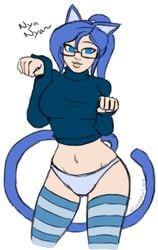 athorment athorment_oc blue_eyes blue_hair caption cat_ears cat_tail catgirl female glasses panties ponytail solo solo_focus striped_thighhighs sweater thighhighs zoey_(athor69)