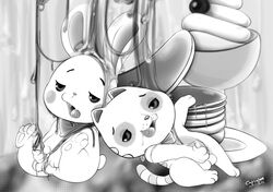 2boys :3 balls cocampplus cum cum_on_self disney feline food food_play fun_bun gay ice_creme lagomorph male male_only mammal masturbation milkshake_kitty_(character) monochrome penis rabbit ralph_breaks_the_internet wreck-it_ralph yaoi