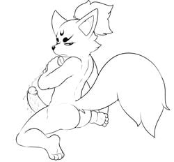 anthro ass barefoot black_and_white canine dripping erection eroborus fox humanoid_penis kitsune_(ero) kneeling line_art looking_at_penis looking_back lube male male_only mammal monochrome nude penis plantigrade rear_view solo spread_legs spreading