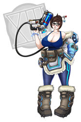 1girls asian brown_eyes brown_hair eyewear female glasses huge_breasts long_hair mei_(overwatch) overwatch snowball_(overwatch) waifuholic