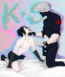 2boys age_difference black_hair catontheside chin_grab femboy fingerless_gloves gay gloves hatake_kakashi imminent_oral imminent_sex jingle_bell kneeling lipstick long_sleeves looking_at_another looking_at_partner makeup male male/male male_only mask naruto naruto_(classic) naruto_(series) naruto_shippuden necklace older_male on_bed open_clothes open_mouth open_pants pale-skinned_male pale_skin pants penis penis_out sasuke_uchiha shirt shirtless shorts silver_hair sissy teacher_and_student yaoi younger_male