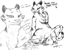 2018 anthro black_and_white canine charlie_(weaver) cheek_tuft closed_eyes dialogue disney duo english_text facesitting fan_character feline female fox fur half-closed_eyes heart mammal monochrome multiple_scenes nobby_(artist) open_mouth open_smile pack_street pandora_(weaver) pawpads sex simple_background sleeping smile striped_fur stripes text tiger tuft white_background yuri zootopia