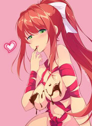 1girls areola_slip areolae blush bondage breasts chocolate doki_doki_literature_club erect_nipples erect_nipples_under_clothes eyebrows_visible_through_hair female fingers_to_mouth green_eyes hair_intakes heart high_resolution long_hair looking_at_viewer maullarmaullar medium_breasts monika_(doki_doki_literature_club) naked_chocolate naked_ribbon naughty_face nipples nude parted_lips pink_background ponytail ribbon ribbon_bondage sidelocks solo tied_hair twitter_username valentine