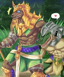 abs anthro armor barazoku biceps blue_eyes brothers brown_fur canine closed_eyes clothed clothing crocodile crocodilian footwear from_behind_(disambiguation) fur gauze green_skin headgear heart helmet jackal league_of_legends male male_only mammal manly muscular nasus navel night open_mouth outside pecs renekton reptile riot_games scalie sharp_teeth sibling smile standing teeth tongue triceps video_games weedwolf