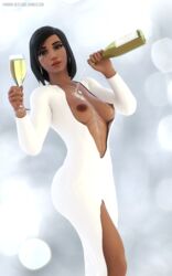 3d abs alcohol black_eyes black_hair blender champagne champagne_bottle champagne_glass dark-skinned_female dark_skin dress elegant elegant_dress female high_resolution looking_at_viewer muscle muscular_female overwatch pharah pharah-best-girl smilinge wet white_dress