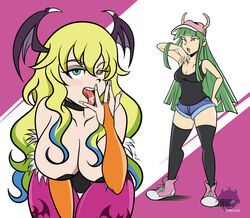 2girls big_breasts blonde_hair breasts capcom cleavage clothing cosplay costume_switch crossover darkstalkers female female_only frankaraya green_hair hat heterochromia horns huge_breasts large_breasts long_hair looking_at_viewer miss_kobayashi's_dragon_maid morrigan_aensland quetzalcoatl_(dragon_maid) shorts small_breasts stockings succubus thighhighs