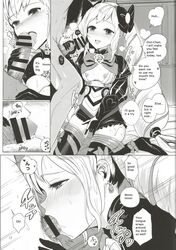 2017 corrin_(fire_emblem) corrin_(fire_emblem)_(male) deepthroat doujinshi drill_hair elise_(fire_emblem) english_text fellatio fire_emblem fire_emblem_fates licking licking_penis monochrome oral page_17 penis_lick peter_mitsuru pinpoint teenager thigh_boots