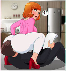 1boy 1girls ?! ass blush clothing comic curvy dat_ass debbie_turnbull debs_turnbull facesitting female high_heels huge_ass human lipstick looking_back male milf orange_hair robotboy shadman short_hair sideboob speech_bubble squatting straight through_clothes tight_clothes tight_clothing unseen_male_face wide_hips