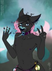 <3_eyes 2018 anthro black_fur black_hair blue_eyes blue_nipples canine clothing collar colored_nails condom cum cum_in_hair cum_on_face ear_piercing fangs fox fur gesture girly hair heart highlights keisha_makainn looking_at_viewer male mammal multicolored_hair nails navel panties piercing pink_hair pink_highlights ring signature tongue tongue_out two_tone_hair underwear unusual_cum v white_nails xeno