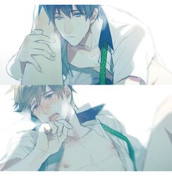 2boys black_hair blue_eyes brown_hair crying free! male multiple_boys nanase_haruka_(free!) nipples open_legs tachibana_makoto tears yaoi