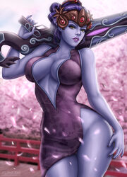 1girls alternate_costume amelie_lacroix artist_logo big_breasts black_lily_widowmaker blizzard_entertainment breasts cleavage curvy curvy_female deviantart_username feet female female_only flowerxl french french_female hanamura_(map) hand_on_weapon large_breasts long_hair looking_at_viewer lunar_new_year lunar_new_year_series no_panties no_panties_under_dress only_female overwatch pinup purple_body purple_dress purple_eyes purple_skin seductive_look solo thick_body thick_thighs video_game_character widowmaker year_of_the_dog yellow_eyes