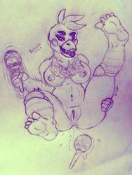 anthro areolae avian beak bib breasts chica_(fnaf) female female_only five_nights_at_freddy's foot_fetish freddy_fazbear's_pizzeria_simulator large_breasts maracas nipples rockstar_chica smile tagme traditional_media