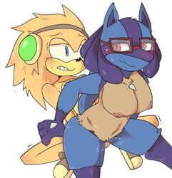 1boy 1girls 2018 4_fingers ambiguous_penetration anthro big_breasts blue_eyes blue_fur blush breasts canine crossover digital_media_(artwork) duo eyewear female from_behind fur furry glasses half-closed_eyes headphones hedgehog hi_res hua hua113 interspecies looking_back lucario male mammal nintendo nipples orange_fur original_character penetration pokemon pokemon_(species) pokemon_dppt pussy_juice red_eyes seductive sex simple_background sitting smile sonic_(series) sweat trembling video_games wet white_background yellow_fur