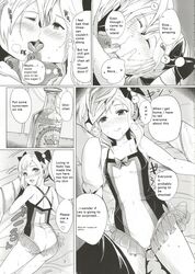 2017 corrin_(fire_emblem) corrin_(fire_emblem)_(male) doujinshi drill_hair elise_(fire_emblem) elise_(summer)_(fire_emblem) english_text fire_emblem fire_emblem_fates kissing monochrome page_3 peter_mitsuru pinpoint sunscreen sweat swimsuit teenager