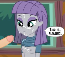 1boy 1girls breasts cum cum_on_breasts cum_on_clothes cum_on_face cum_on_penis english_text equestria_girls facial female friendship_is_magic hasbro male maud_pie_(eg) my_little_pony neutral_expression nipples offscreen_character offscreen_male penis purple_hair shirt_lift spectre_z speech_bubble text