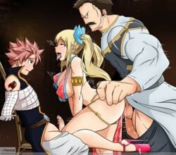 2boys ahe_gao akimyich blonde_hair blush cheating cuckold erect_nipples fairy_tail harem_outfit high_heels highres lucy_heartfilia natsu_dragneel netorare ntr open_mouth pink_hair platform_heels saliva tongue_out zash_caine