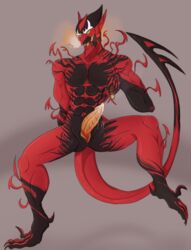 1boy biceps carnage_(marvel) cum digital_media_(artwork) erection green_goblin humanoid male male_only marvel muscular norman_osborn red-skinned_male red_goblin red_skin saberhorn_(artist) simple_background slit smoking solo spider-man_(series) symbiote