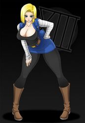 1girls android_18 blonde_hair blue_eyes boots dragon_ball dragon_ball_z female huge_breasts short_hair waifuholic