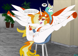 anthro ass breasts daybreaker_(mlp) fab3716 female french_text friendship_is_magic my_little_pony princess_celestia_(mlp) pussy smooth_skin spread_pussy spreading text translated