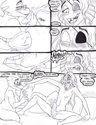 alphys anthro bed blush breasts collar comic dialogue dildo ear_fins english_text eye_patch eyewear fangs female fin fish glasses hi_res lizard marine monochrome monster non-mammal_breasts nude oral reptile scalie sex_toy sex_toy_fellatio speech_bubble strap-on strap-on_fellatio sweat teeth text tongue tongue_out undertaild undertale undyne video_games yuri