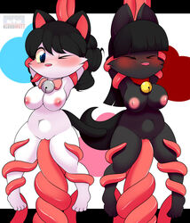 2015 anthro bell black_fur blue_eyes blush bow_tie breasts collar digital_media_(artwork) duo feline female fur hair hi_res kloudmutt mammal nilapony nipples paws penetration sanrio sex show_by_rock!! tentacle vaginal_penetration white_fur