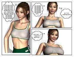 3d balloon big_breasts breast_expansion breasts brown_hair comic female_only flat_chest green_eyes growthcomics happy laboratory long_hair mantra medium_breasts ponytail science shorts tank_top text thought_bubble