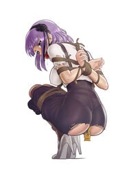 anal anal_object_insertion arms_behind_back ass ball_gag black_hairband black_skirt blue_eyes bondage bound bound_wrists breasts brown_legwear dagashi_kashi drooling female frilled_sleeves frills from_behind full_body gag gagged hairband high_heels highres long_skirt looking_back medium_breasts object_insertion pantyhose pantylines pokies purple_hair reptileye rope saliva shibari_over_clothes shidare_hotaru shirt short_hair short_sleeves sidelocks simple_background skirt solo squatting tiptoes torn_clothes torn_pantyhose torn_skirt tsurime white_background white_footwear white_shirt