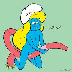 blonde_hair blue_skin earth_worm earthworm gold_hair grass pussy_juice pussy_juice_drip pussy_juice_trail pussy_squirt smurfette the_smurfs white_hat worm yellow_hair zoophilia