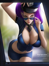 1girls adjusting_eyewear adjusting_glasses big_breasts breasts cleavage female female_only large_breasts lolliedrop looking_at_viewer looking_over_eyewear looking_over_glasses overwatch police_uniform policewoman solo sunglasses tinted_eyewear widowmaker