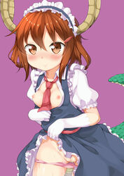 absurdres blush breasts breasts_out brown_eyes brown_hair commentary_request cosplay female frilled_skirt frills gloves hair_ornament hairclip highres horns ikazuchi_(kantai_collection) kantai_collection lifted_by_self looking_at_viewer maid maid_headdress medium_breasts miyabi_(miyabeeya) nipples panties panty_pull pink_panties puffy_short_sleeves puffy_sleeves pussy pussy_juice red_neckwear short_hair short_sleeves skirt skirt_lift solo tail underwear white_gloves