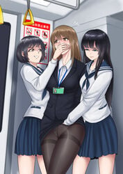 3girls age_difference black_hair black_stockings blush brown_hair bus chikan clothed clothed_female clothed_sex covering_another's_mouth covering_mouth evil_grin female female_only female_rapist femdom femsub forced forced_yuri fully_clothed fully_clothed_female gagged hand_gagged hand_in_another's_panties hand_over_another's_mouth hand_over_mouth handgag imminent_rape imminent_sex imminent_threesome imminent_yuri lezdom lezsub molestation multiple_doms multiple_girls name_tag office_lady older_female older_woman_and_teenage_girl public_sex public_transportation rape school_uniform schoolgirl skirt skirt_lift standing_sex stealth_fingering stealth_sex teacher teacher_and_student teenage_girl teenager thighhighs vaginal_penetration younger_dom_older_sub younger_female yuebaihezi yuri yuyo_(artist)