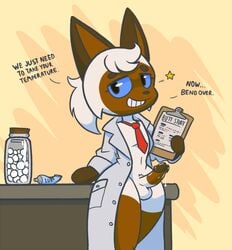 animal_crossing anthro balls blue_eyes blue_sclera bottomless brown_fur clothed clothing dialogue digital_media_(artwork) dirty_talk doctor erection featureless_hands feline femboy fur girly grin hair hospital humanoid_penis imminent_sex implied_anal inside lab_coat looking_at_viewer lube male mammal multicolored_fur naughty_face necktie nintendo open_shirt partially_clothed penis percy_(teckworks) ponytail precum presenting presenting_penis smile solo standing talking_to_viewer teckworks thick_thighs two_tone_fur unprofessional_behavior video_games white_fur wide_hips