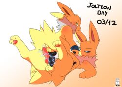 2boys alternate_color alternate_eye_color animal_genitalia animal_penis anus ass being_watched big_penis black_penis black_sclera blue_eyes blush canine canine_penis dated eeveelution electricity erection feet gay green_eyes half-closed_eyes jetta_the_jolteon jolteon knot leg_up long_ears looking_at_viewer looking_back looking_up male male_only miau nintendo on_back on_top open_mouth original_character pawpads penis penises_touching pink_penis pokémon_(species) pokemon pokemon_rgby spread_legs static sweatband testicles text video_games watermark white_fur yaoi yellow_fur